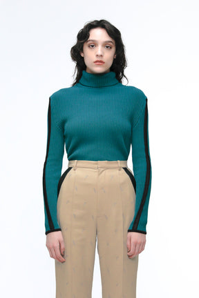 Sheer line sleeve rib knit top (Green)