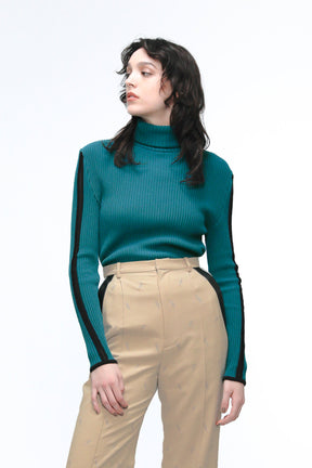 Sheer line sleeve rib knit top (Green)